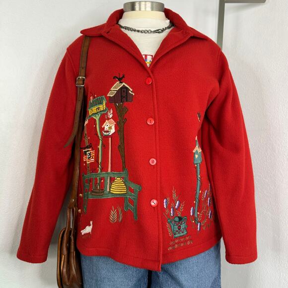 Vintage Red Button Fleece Jacket Birdhouse Design Size XL - Picture 1 of 6